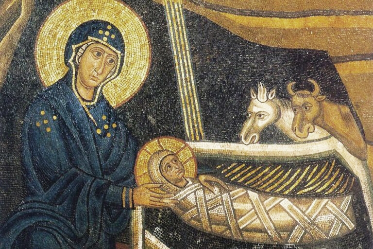 Рождество Христово. Фрагмент мозаики, Греция, монастырь Осиос Лукас, начало XIV в